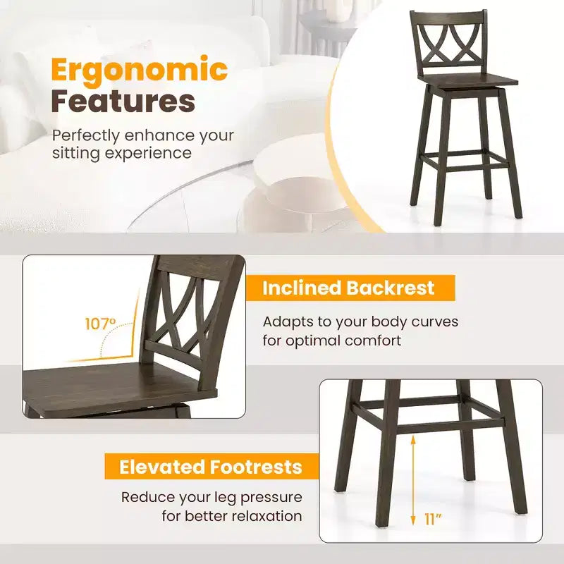 Costway 29 Bar Stool Set of 2 w/Rubber Wood Frame Swivel Seat Ergonomic Backrest