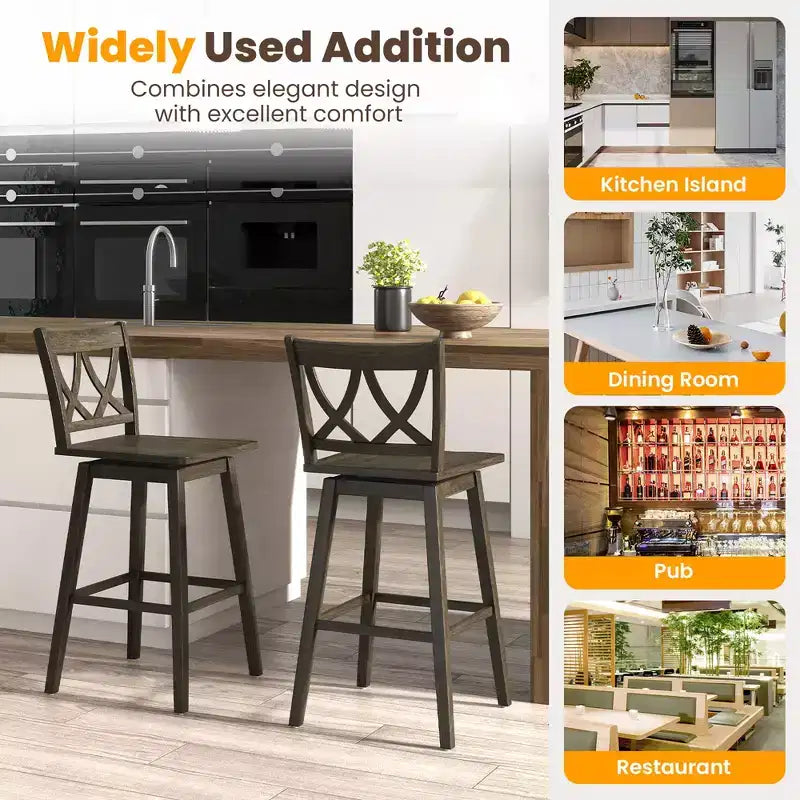 Costway 29 Bar Stool Set of 2 w/Rubber Wood Frame Swivel Seat Ergonomic Backrest