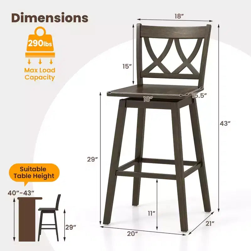 Costway 29 Bar Stool Set of 2 w/Rubber Wood Frame Swivel Seat Ergonomic Backrest