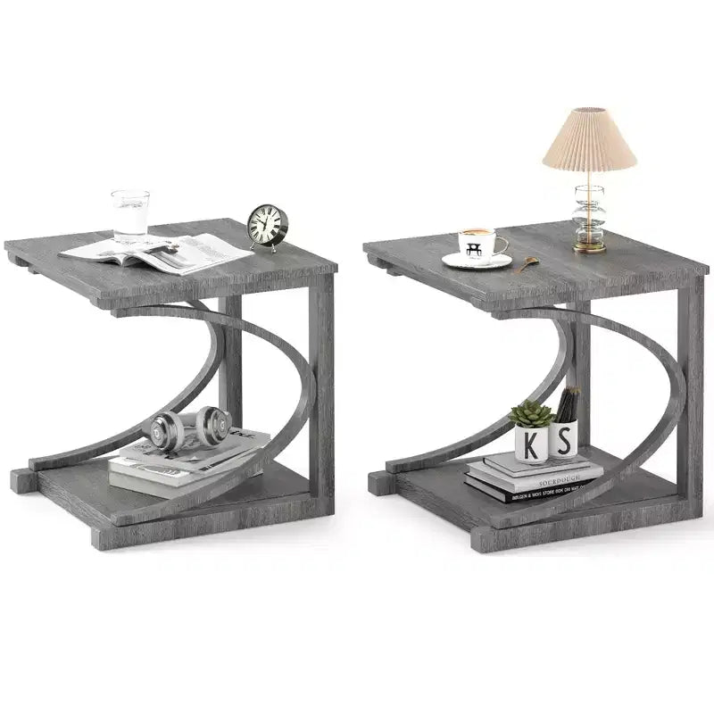 Costway 2PCS 24 Side End Table w/ Storage Shelf & Rubber Wood Frame for Small Space
