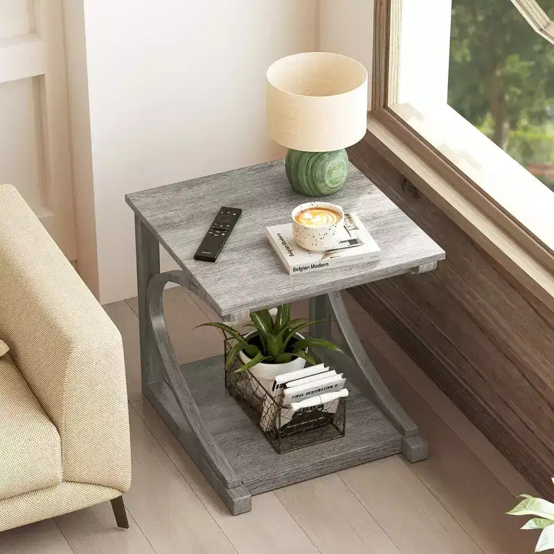 Costway 2PCS 24 Side End Table w/ Storage Shelf & Rubber Wood Frame for Small Space