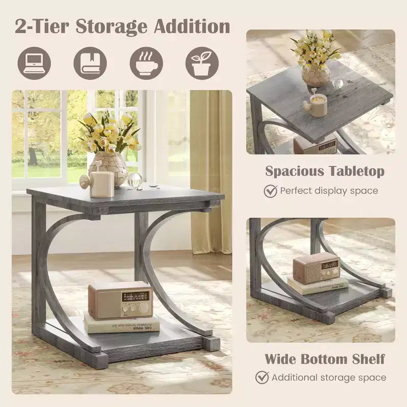 Costway 2PCS 24 Side End Table w/ Storage Shelf & Rubber Wood Frame for Small Space