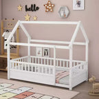 TUYOHW Letto a Pavimento per Bambini a Misura Piena con Tetto a Casetta e Recinzione, Letto Montessori Moderno con Sponde di Protezione per la Camera da Letto
