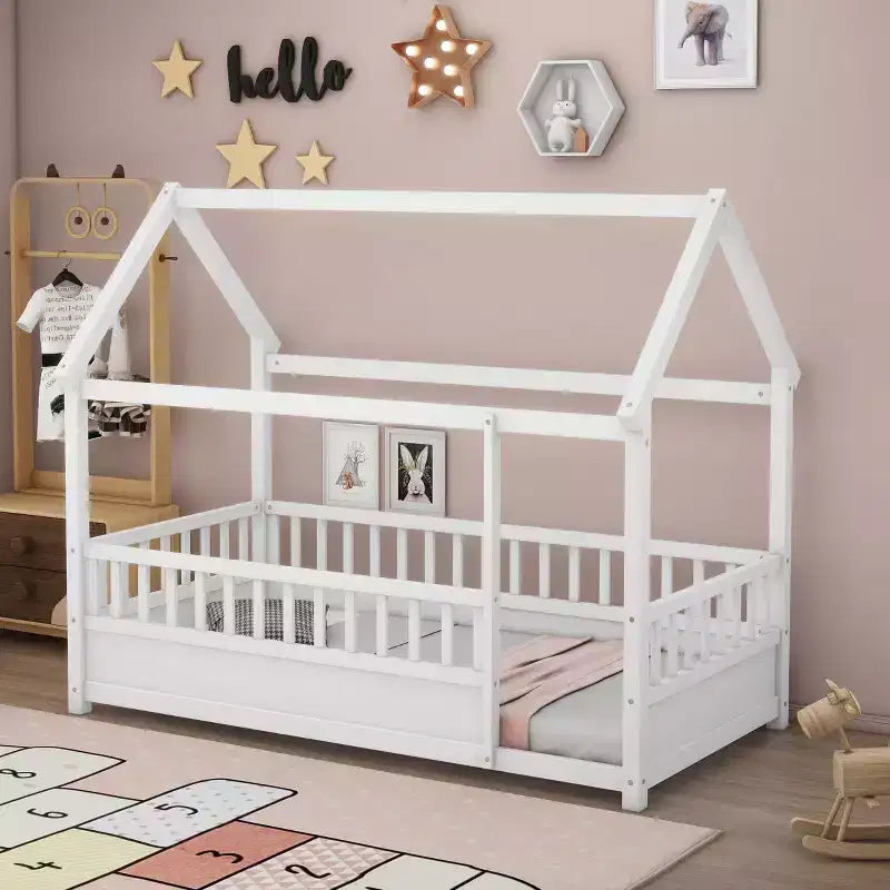TUYOHW Letto a Pavimento per Bambini a Misura Piena con Tetto a Casetta e Recinzione, Letto Montessori Moderno con Sponde di Protezione per la Camera da Letto