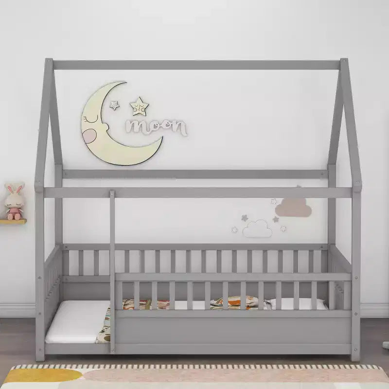 TUYOHW Letto a Pavimento per Bambini a Misura Piena con Tetto a Casetta e Recinzione, Letto Montessori Moderno con Sponde di Protezione per la Camera da Letto