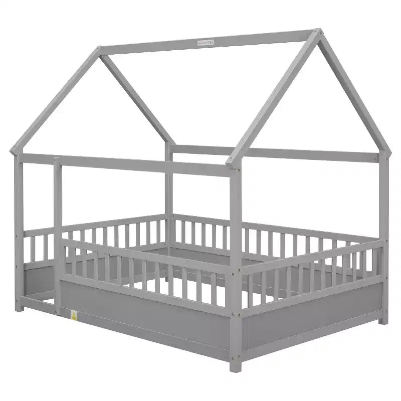 TUYOHW Letto a Pavimento per Bambini a Misura Piena con Tetto a Casetta e Recinzione, Letto Montessori Moderno con Sponde di Protezione per la Camera da Letto