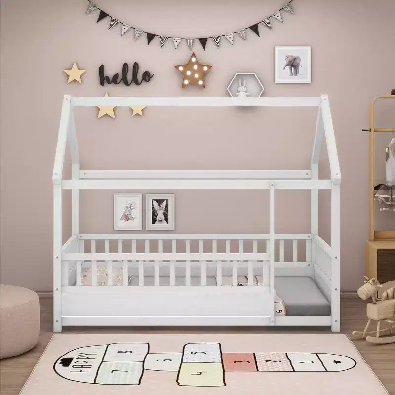 TUYOHW Letto a Pavimento per Bambini a Misura Piena con Tetto a Casetta e Recinzione, Letto Montessori Moderno con Sponde di Protezione per la Camera da Letto