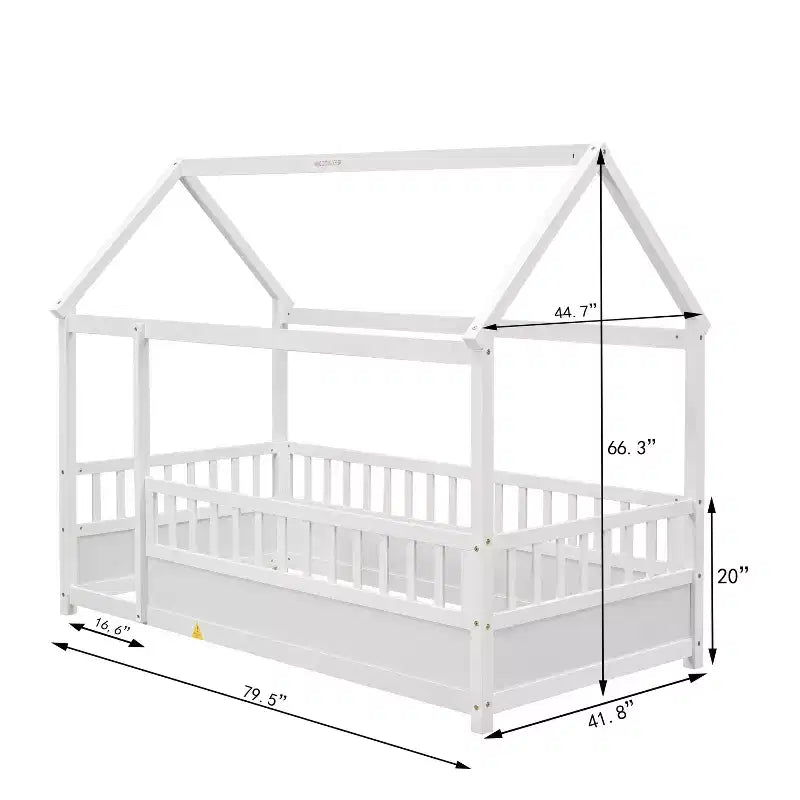 TUYOHW Letto a Pavimento per Bambini a Misura Piena con Tetto a Casetta e Recinzione, Letto Montessori Moderno con Sponde di Protezione per la Camera da Letto