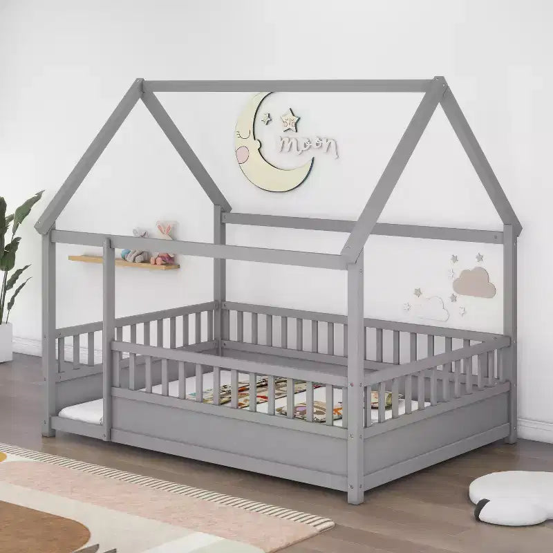 TUYOHW Full Size Toddler Floor Bed with House Roof Frame and Fence,Modern Montessori Bed with Guardrails for Bedroom