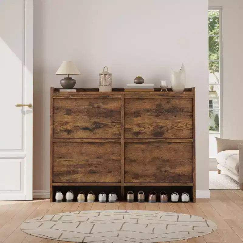 Scarpiera a 4 Ante Ribaltabili con Ripiano Regolabile - Organizzatore Versatile in Legno per Ingresso, Corridoio e Soggiorno
