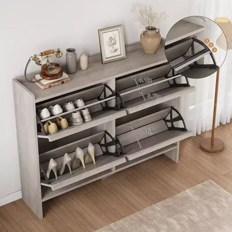 Scarpiera a 4 Ante Ribaltabili con Ripiano Regolabile - Organizzatore Versatile in Legno per Ingresso, Corridoio e Soggiorno