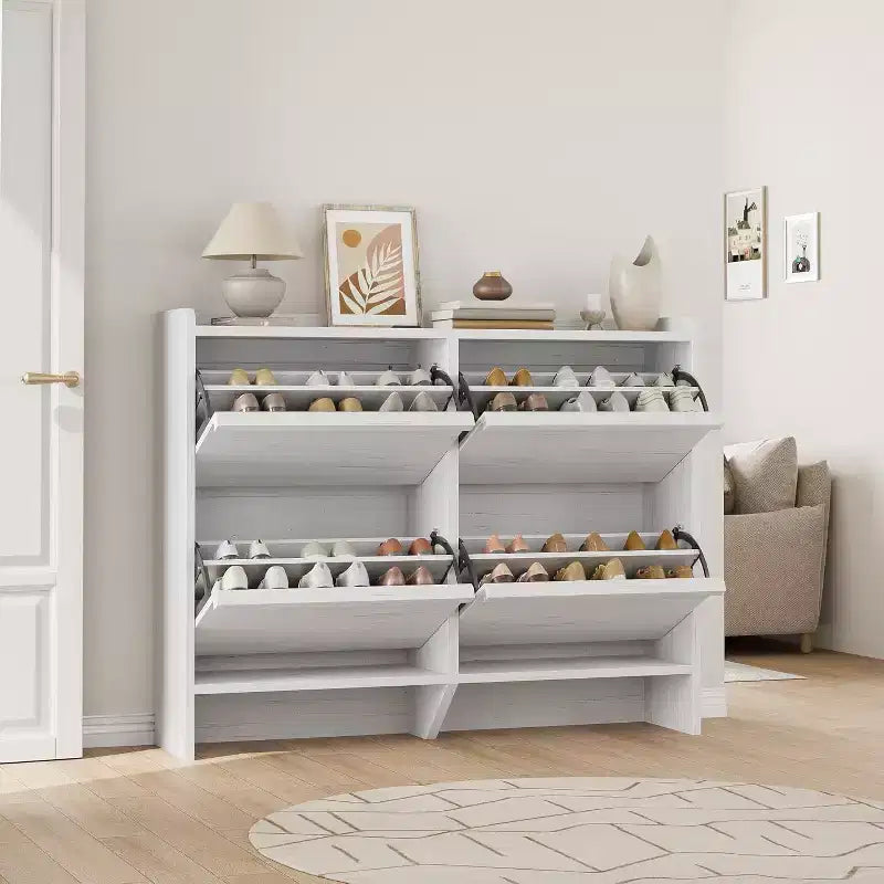 Scarpiera a 4 Ante Ribaltabili con Ripiano Regolabile - Organizzatore Versatile in Legno per Ingresso, Corridoio e Soggiorno