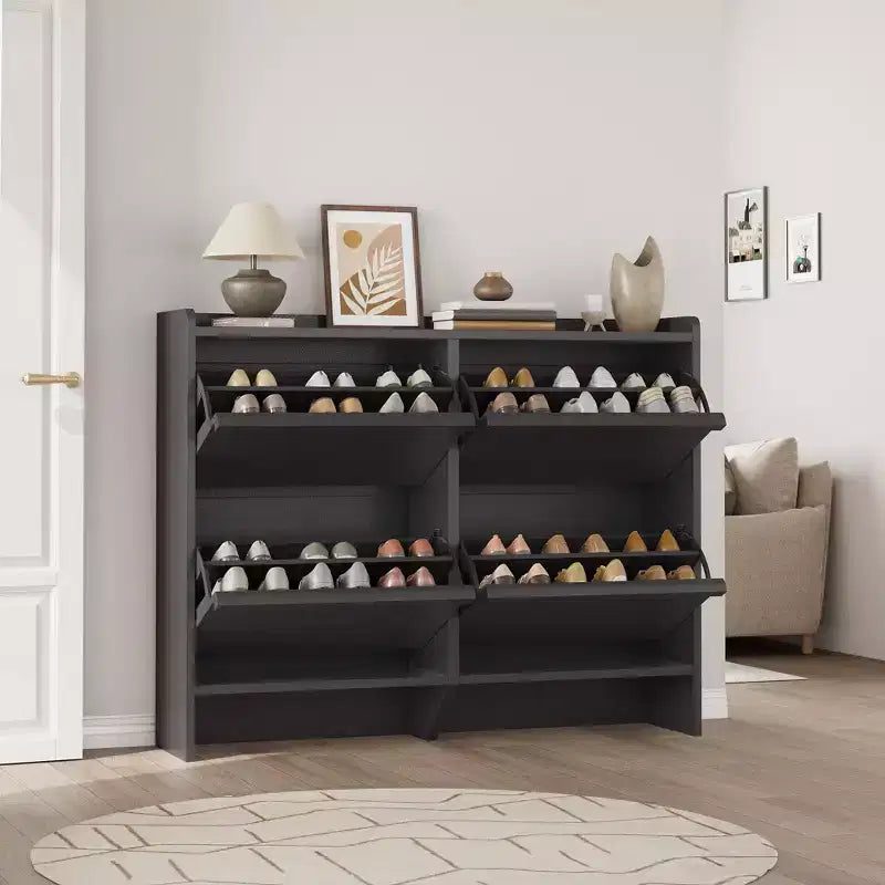 Scarpiera a 4 Ante Ribaltabili con Ripiano Regolabile - Organizzatore Versatile in Legno per Ingresso, Corridoio e Soggiorno