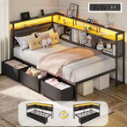 Twin Size Daybed with 3 Storage Drawers and Bookcase Gray Corner Bed Frame Charging Station LED Lights Upholstered Headboard Platform Support