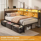 Twin Size Daybed with 3 Storage Drawers and Bookcase Gray Corner Bed Frame Charging Station LED Lights Upholstered Headboard Platform Support