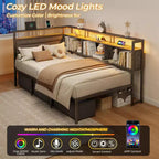 Twin Size Daybed with 3 Storage Drawers and Bookcase Gray Corner Bed Frame Charging Station LED Lights Upholstered Headboard Platform Support