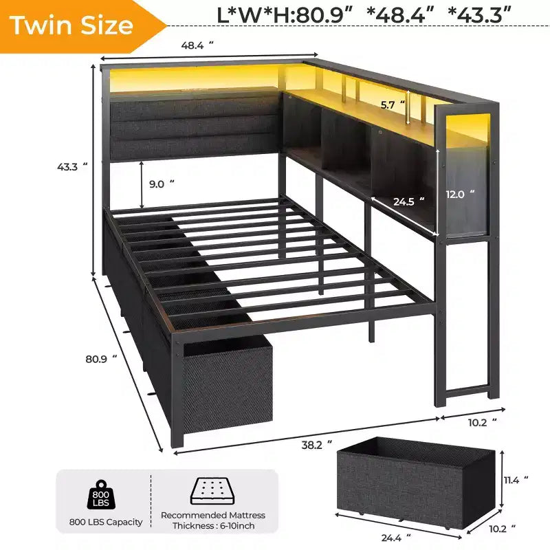 Twin Size Daybed with 3 Storage Drawers and Bookcase Gray Corner Bed Frame Charging Station LED Lights Upholstered Headboard Platform Support