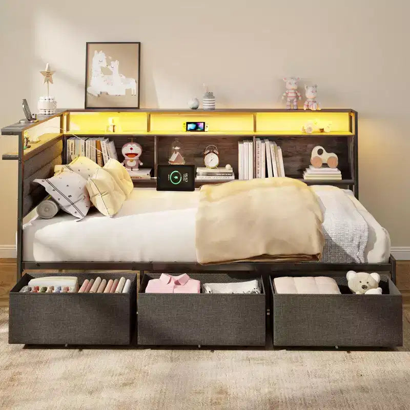 Twin Size Daybed with 3 Storage Drawers and Bookcase Gray Corner Bed Frame Charging Station LED Lights Upholstered Headboard Platform Support