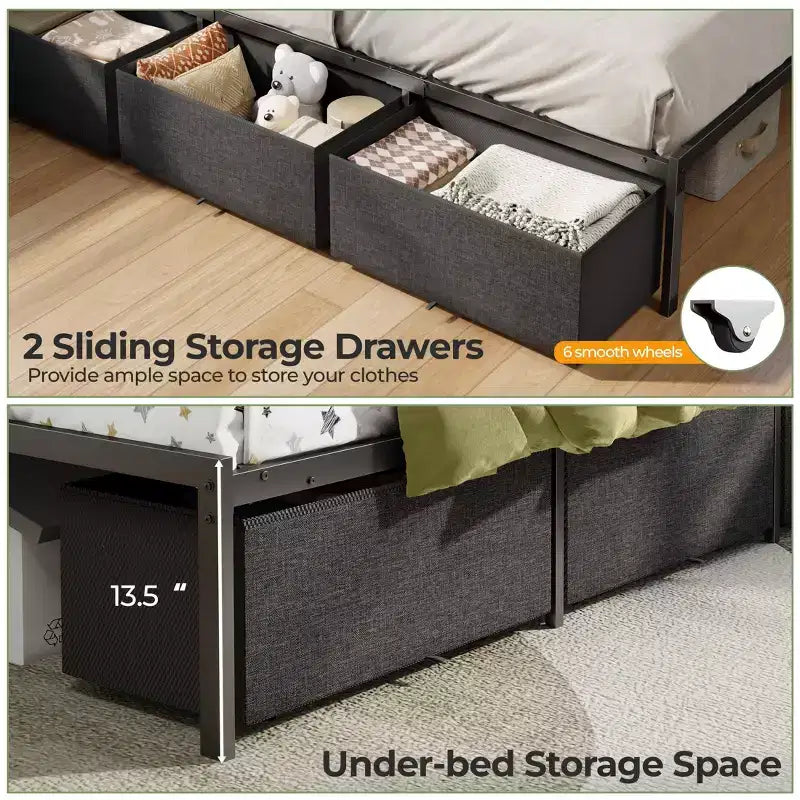 Twin Size Daybed with 3 Storage Drawers and Bookcase Gray Corner Bed Frame Charging Station LED Lights Upholstered Headboard Platform Support