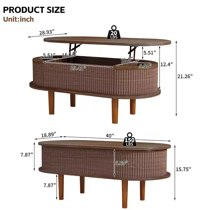 40 Modern Lift-Top Coffee Table with Hidden Storage, Rustic Oval Center Table for Living Room, Space-Saving Lift-Top Cocktail Table-Panipeachy