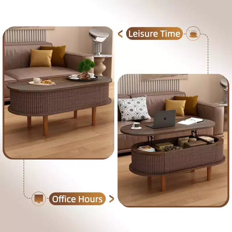 40 Modern Lift-Top Coffee Table with Hidden Storage, Rustic Oval Center Table for Living Room, Space-Saving Lift-Top Cocktail Table-Panipeachy
