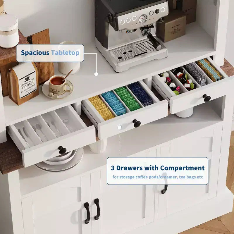 Mobile Bar con Luce a LED, Credenza da Cucina da 72 pollici con Armadietto per Bar Caffè Stile Fattoria, Mobile Contenitore a Buffet con Supporto per Microonde/Ripiano in Vetro/6 Ganci/3 Cassetti