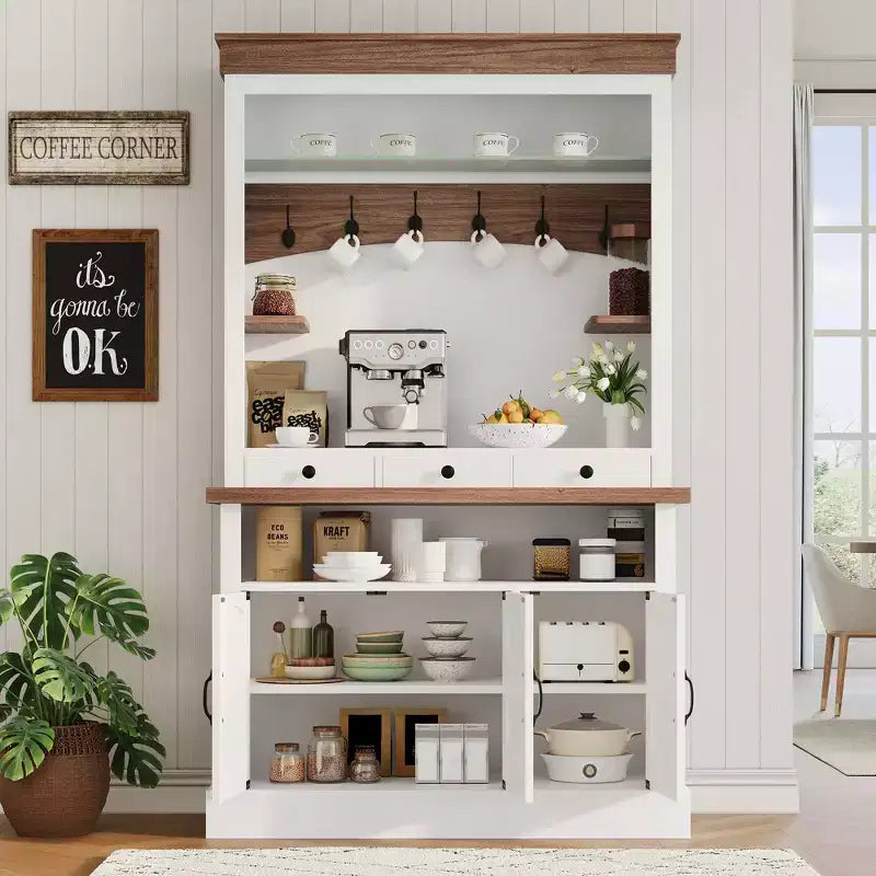 Mobile Bar con Luce a LED, Credenza da Cucina da 72 pollici con Armadietto per Bar Caffè Stile Fattoria, Mobile Contenitore a Buffet con Supporto per Microonde/Ripiano in Vetro/6 Ganci/3 Cassetti