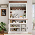Mobile Bar con Luce a LED, Credenza da Cucina da 72 pollici con Armadietto per Bar Caffè Stile Fattoria, Mobile Contenitore a Buffet con Supporto per Microonde/Ripiano in Vetro/6 Ganci/3 Cassetti