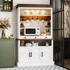 Mobile Bar con Luce a LED, Credenza da Cucina da 72 pollici con Armadietto per Bar Caffè Stile Fattoria, Mobile Contenitore a Buffet con Supporto per Microonde/Ripiano in Vetro/6 Ganci/3 Cassetti