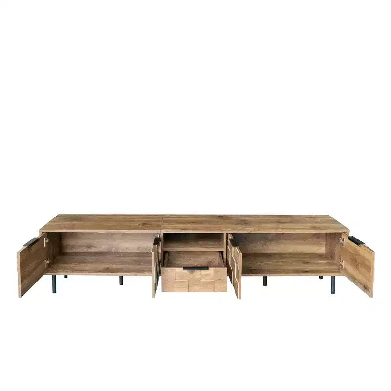 Mobile TV rustico con cassetti per TV da 75 pollici, mobiletto porta TV in legno con ante e gambe in legno massello per soggiorno, naturale