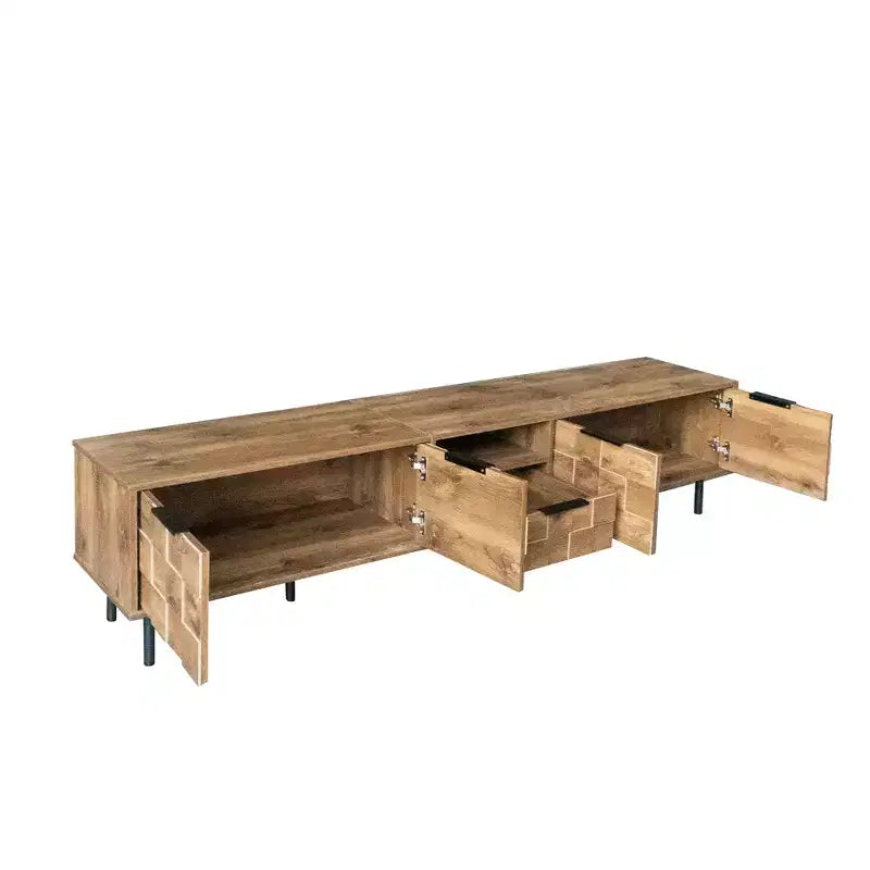 Mobile TV rustico con cassetti per TV da 75 pollici, mobiletto porta TV in legno con ante e gambe in legno massello per soggiorno, naturale