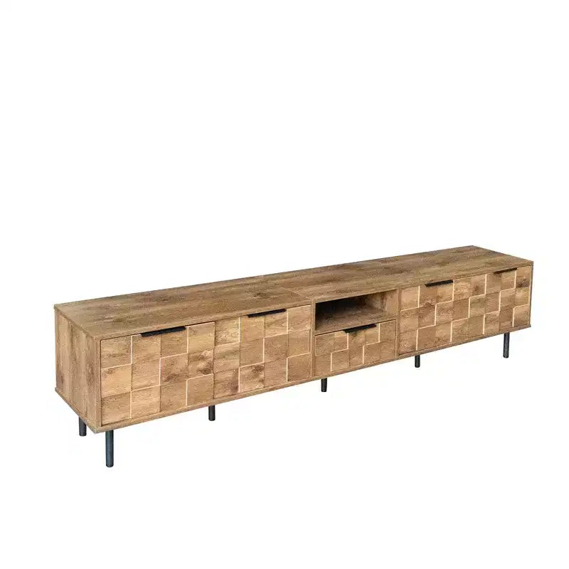 Mobile TV rustico con cassetti per TV da 75 pollici, mobiletto porta TV in legno con ante e gambe in legno massello per soggiorno, naturale