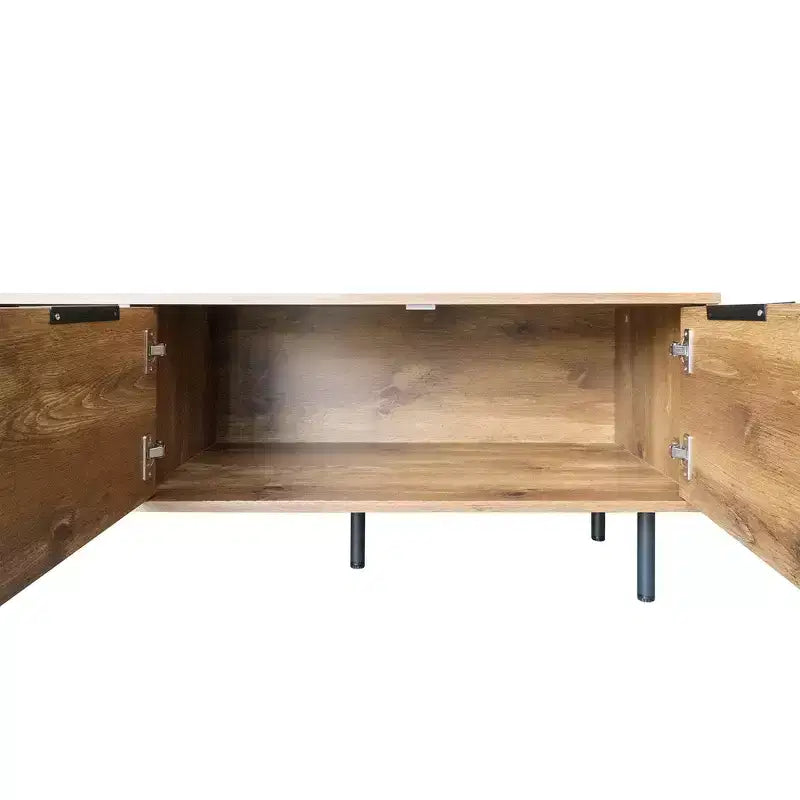 Mobile TV rustico con cassetti per TV da 75 pollici, mobiletto porta TV in legno con ante e gambe in legno massello per soggiorno, naturale