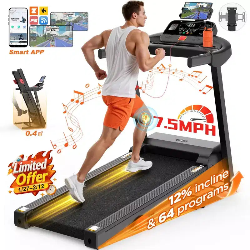 3HP Folding Treadmill for Home with Incline and 300 lb Capacity, APP Control, Compact Walking Running Machine
