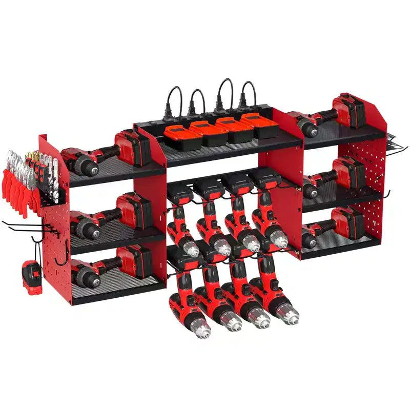 Power Tool Organizer Wall Mount, Heavy Duty 4-Layer Garage Rack, 8 no cord Drill Storage Shelf with Hooks, Drill Bit Shelf Battery Storage Holder