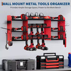 Power Tool Organizer Wall Mount, Heavy Duty 4-Layer Garage Rack, 8 no cord Drill Storage Shelf with Hooks, Drill Bit Shelf Battery Storage Holder