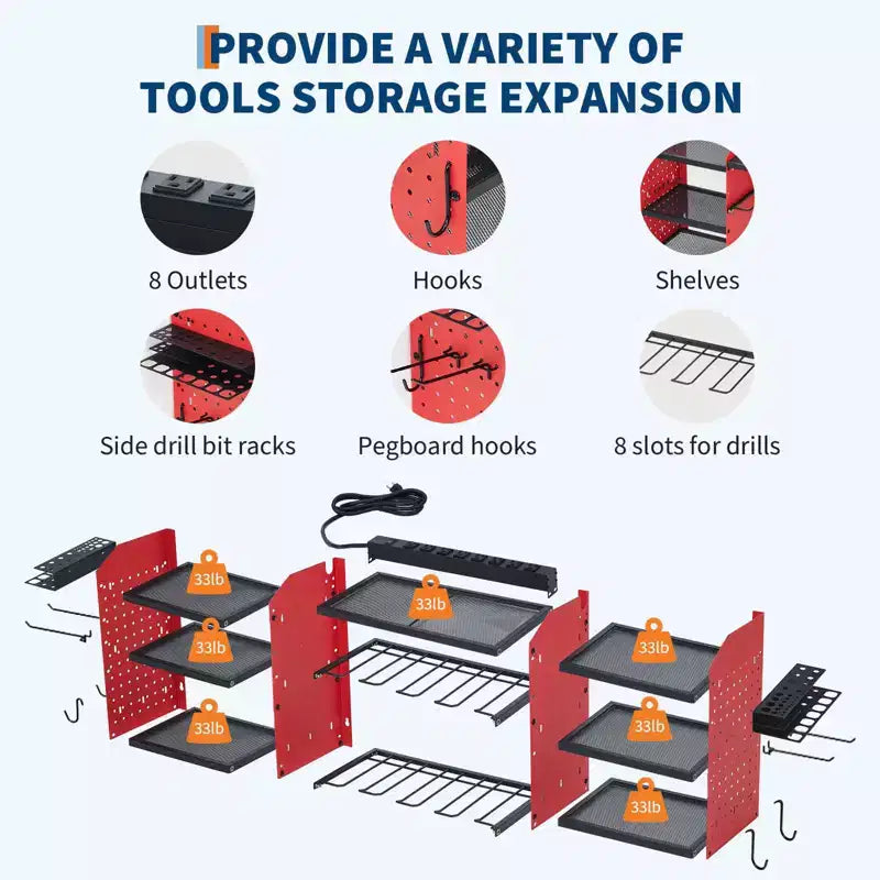 Power Tool Organizer Wall Mount, Heavy Duty 4-Layer Garage Rack, 8 no cord Drill Storage Shelf with Hooks, Drill Bit Shelf Battery Storage Holder