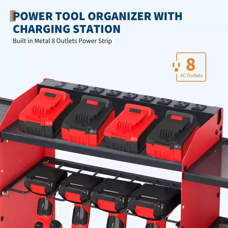 Power Tool Organizer Wall Mount, Heavy Duty 4-Layer Garage Rack, 8 no cord Drill Storage Shelf with Hooks, Drill Bit Shelf Battery Storage Holder
