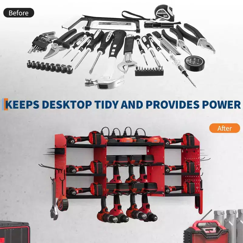 Power Tool Organizer Wall Mount, Heavy Duty 4-Layer Garage Rack, 8 no cord Drill Storage Shelf with Hooks, Drill Bit Shelf Battery Storage Holder