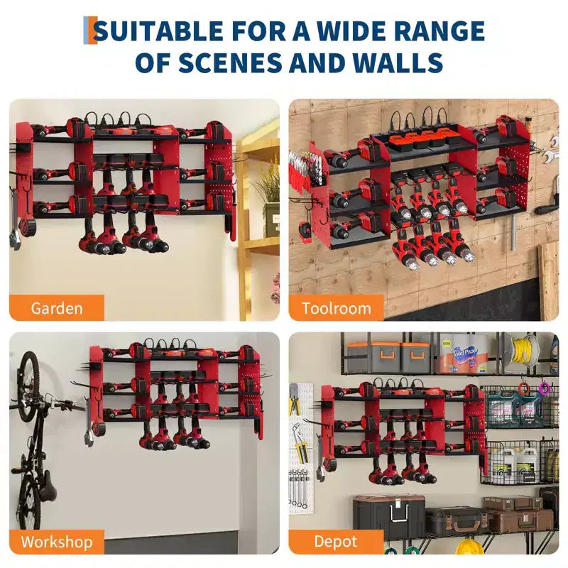 Power Tool Organizer Wall Mount, Heavy Duty 4-Layer Garage Rack, 8 no cord Drill Storage Shelf with Hooks, Drill Bit Shelf Battery Storage Holder