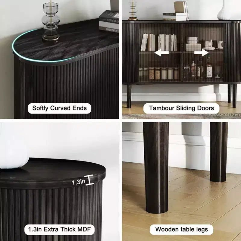 AEELLEEA Storage Sideboard 1.4M Long Curved MDF Modern Buffet Cabinet with Doors for Kitchen Living Room Bedroom Black