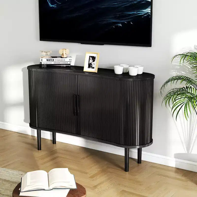 AEELLEEA Storage Sideboard 1.4M Long Curved MDF Modern Buffet Cabinet with Doors for Kitchen Living Room Bedroom Black
