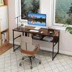Costway 55 x 24 Computer Desk with Power Outlets & USB Ports, Storage Shelf, Metal Frame Black/Brown
