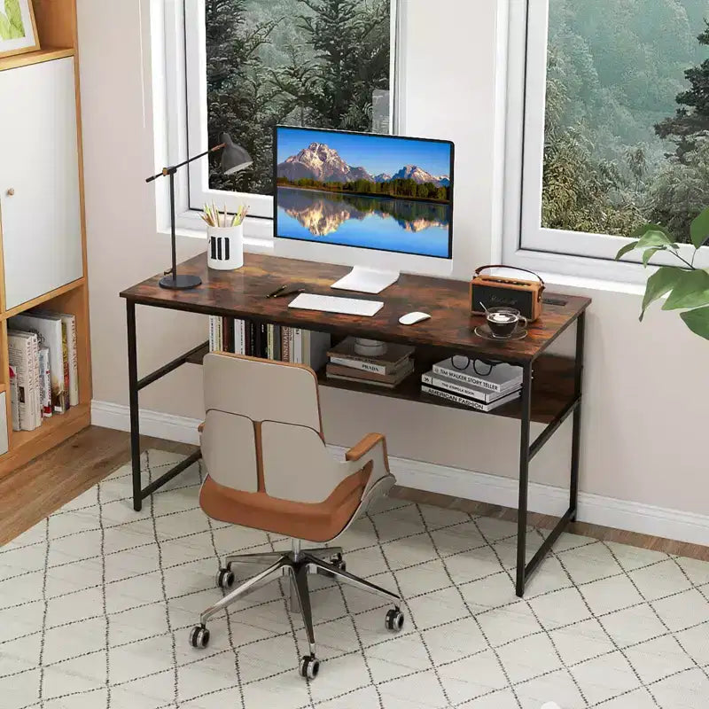 Costway 55 x 24 Computer Desk with Power Outlets & USB Ports, Storage Shelf, Metal Frame Black/Brown