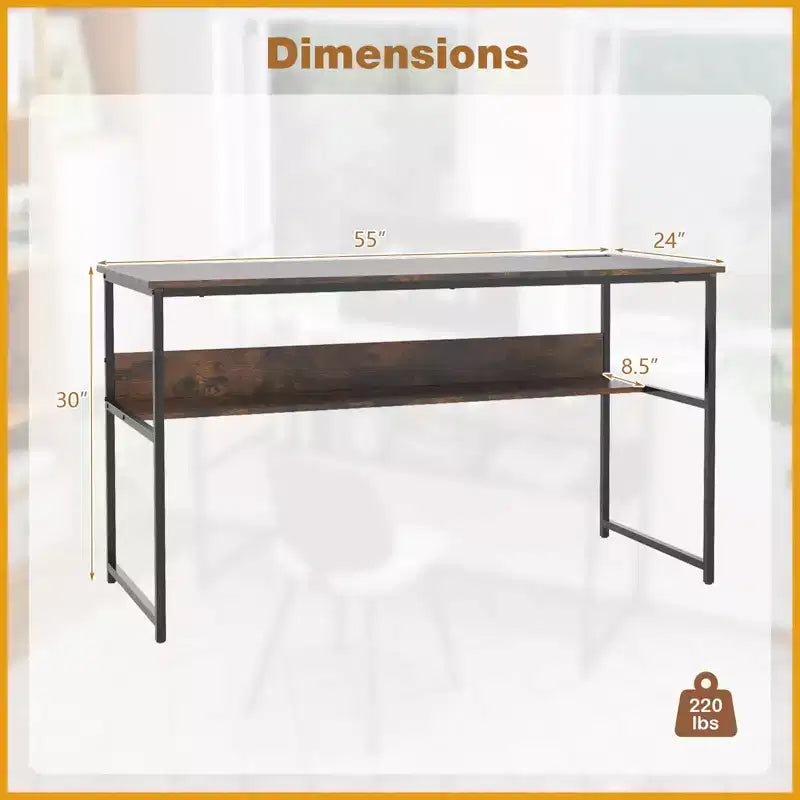 Costway 55 x 24 Computer Desk with Power Outlets & USB Ports, Storage Shelf, Metal Frame Black/Brown