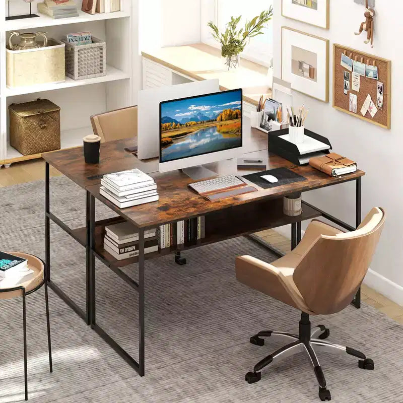 Costway 55 x 24 Computer Desk with Power Outlets & USB Ports, Storage Shelf, Metal Frame Black/Brown