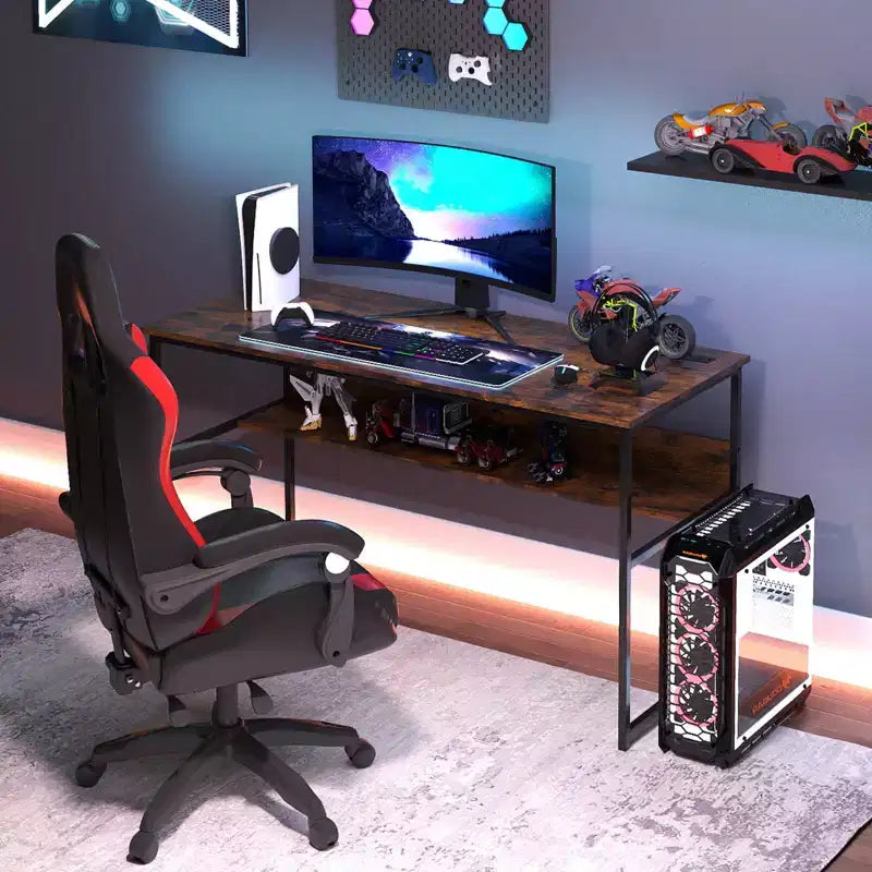 Costway 55 x 24 Computer Desk with Power Outlets & USB Ports, Storage Shelf, Metal Frame Black/Brown