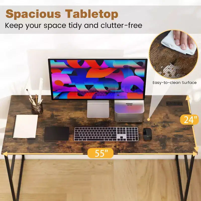 Costway 55 x 24 Computer Desk with Power Outlets & USB Ports, Storage Shelf, Metal Frame Black/Brown