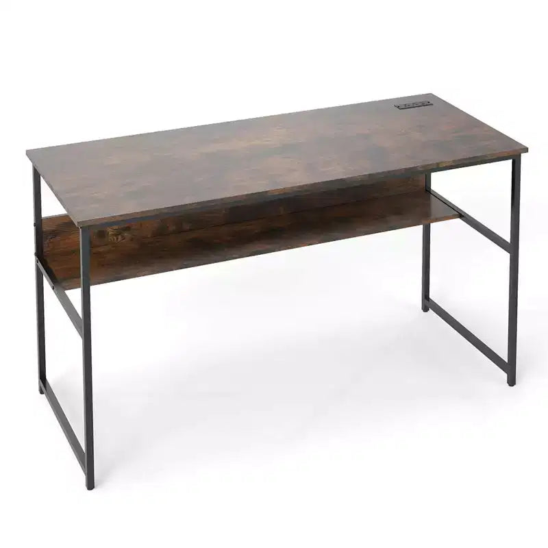 Costway 55 x 24 Computer Desk with Power Outlets & USB Ports, Storage Shelf, Metal Frame Black/Brown