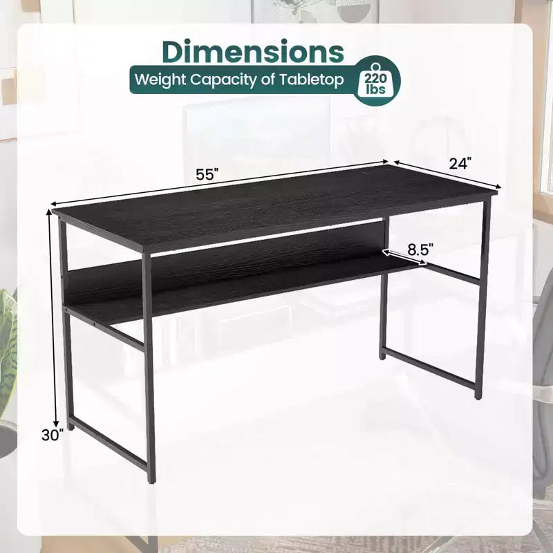 Costway 55 x 24 Computer Desk with Power Outlets & USB Ports, Storage Shelf, Metal Frame Black/Brown